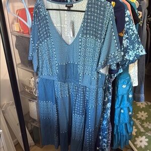 Chic Blue Patchwork V-Neck Dress